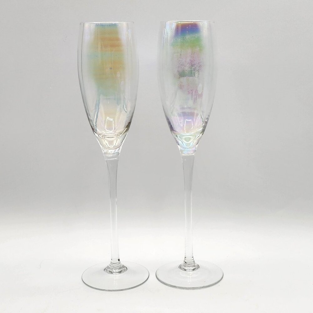 Iridescent Champagne Flutes 9.75"Tall Iridescent Bowl Plain Stem & Base Set of 2